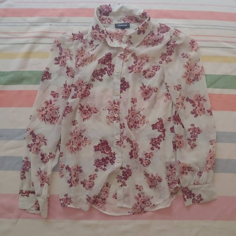 Modcloth Be Buzzworthy White Chiffon Blouse Floral - Picture 3 of 15